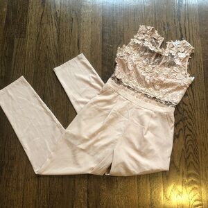 Soieblu Nude See-Thru Lace Floral Embroidered Sleeveless Jumpsuit Pantsuit